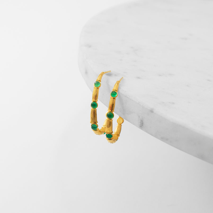 Katerina Psoma Small Bamboo Hoops with Green Agate gold plated metal