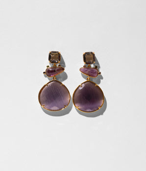 Katerina Psoma amethyst and violet crystal and cat's eye drop earring with gold plated metal