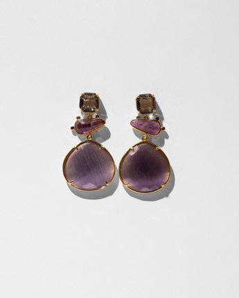 Katerina Psoma amethyst and violet crystal and cat's eye drop earring with gold plated metal