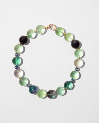 Katerina Psoma Cashmere necklace — rainbow fluorite beads with vintage blue agate accents and a pavé gold clasp