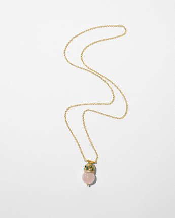  Katerina Psoma Cupola pendant chain necklace with a polished rose quartz and gold plated metal dome adorned with stones