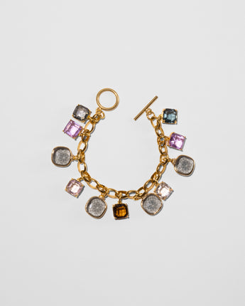 Katerina Psoma Gemma bracelet — grey, purple, pink and brown crystal charms on a gold-plated chain