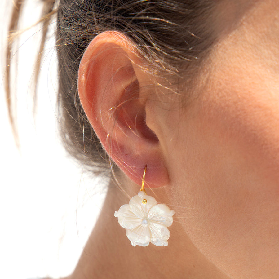 Katerina Psoma White mother of pearl Flower hook Earrings 925 gold plated silver