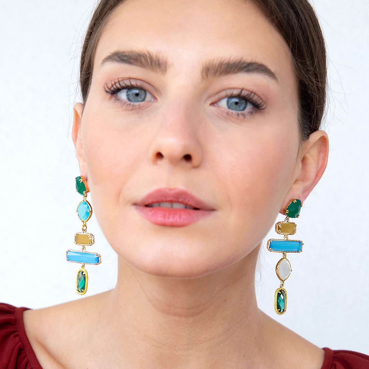 Katerina Psoma Dangle earrings with faceted stones, blue and green gold plated