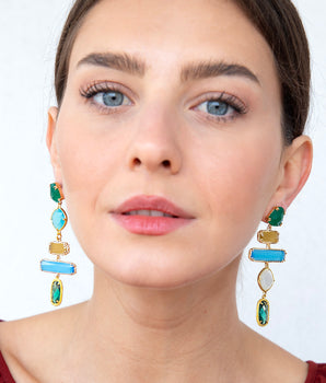 Katerina Psoma Dangle earrings with faceted stones, blue and green gold plated