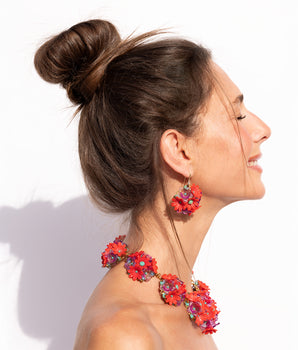 Katerina Psoma Zinnia Red Necklace with vintage flowers and beads handmade