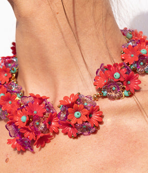 Katerina Psoma Zinnia Red Necklace with vintage flowers