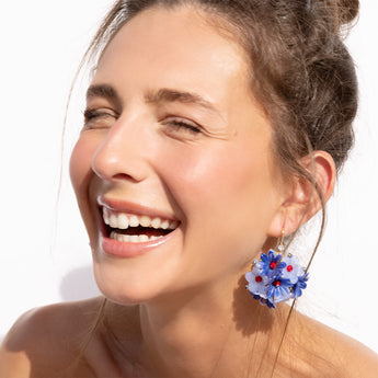 Katerina Psoma Zinnia Blue Flower Earrings with red