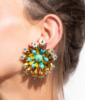 Katerina Psoma Turquoise  and gold Flower clip Earrings with sequins and beads