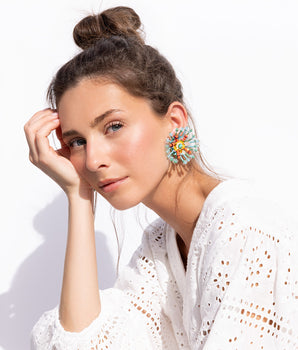 Katerina Psoma Turquoise Flower clip Earrings with sequins and beads