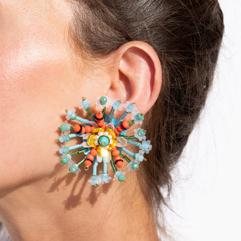Katerina Psoma Turquoise Flower clip Earrings with sequins