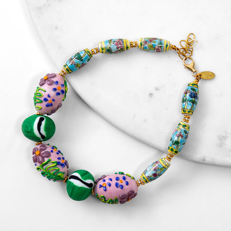 Katerina Psoma Rosalba Green Short Necklace with flowers