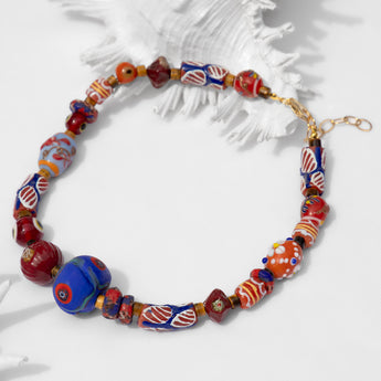 Katerina Psoma Capri Red Short Statement necklace with bohemian beads and evil eyes