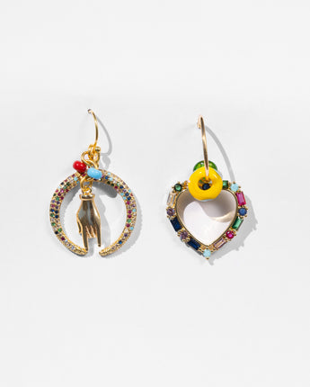 Katerina Psoma Mismatched moon and crystal heart Hoops