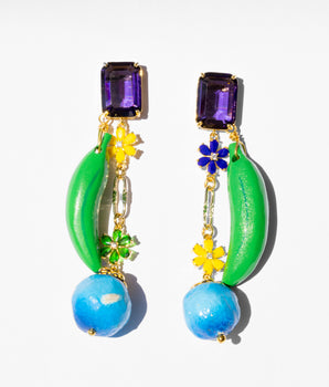 katerina Psoma crystal earrings with green wooden bananas