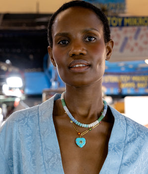 Katerina Psoma White and Blue Short Necklace double row enamel heart