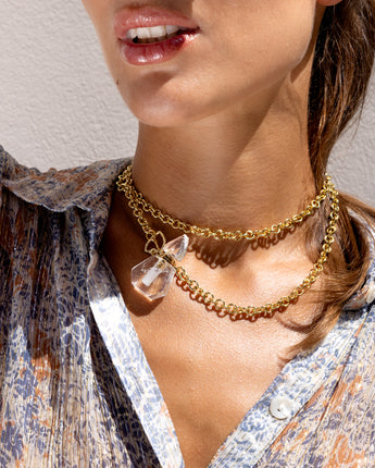 Katerina Psoma gold plated Chain necklace with a carved crystal quartz bottle pendant