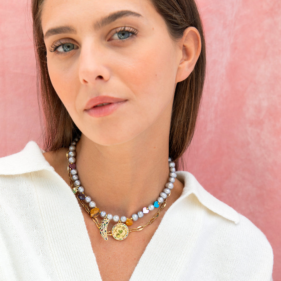 Katerina Psoma Margherite Short Necklace with grey pearls and charms