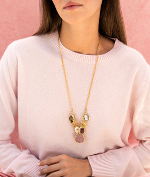 Pink Buddha Long Chain Necklace with Charms gold plated