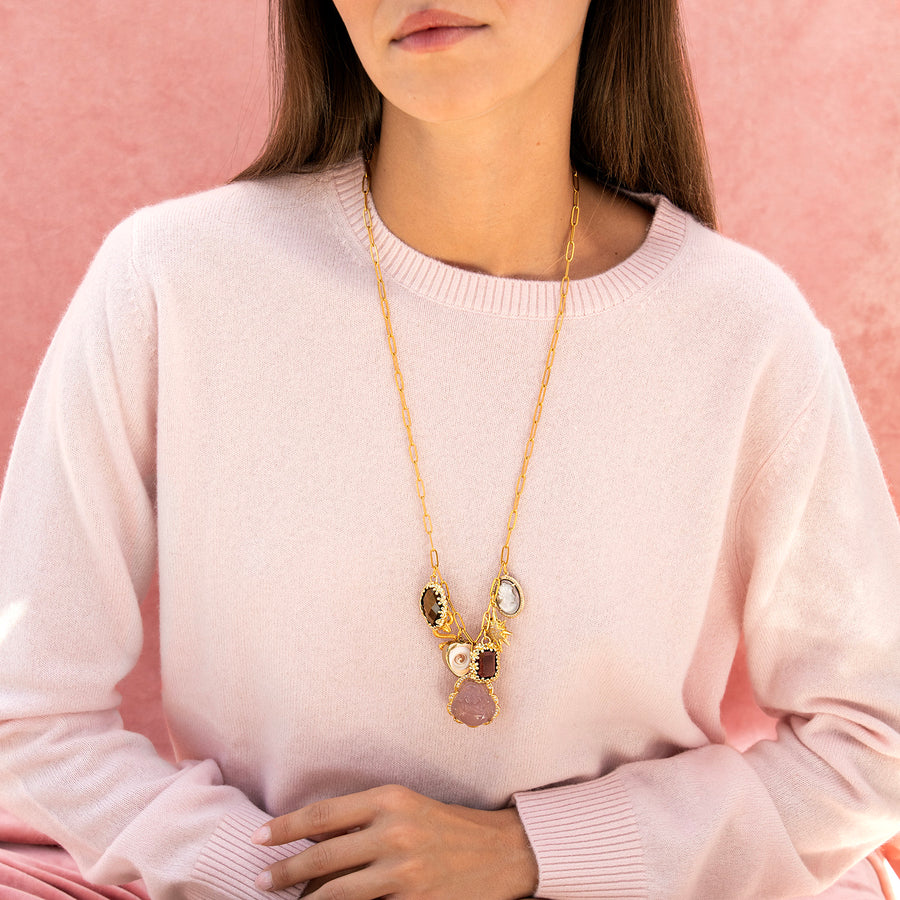 Pink Buddha Long Chain Necklace with Charms gold plated