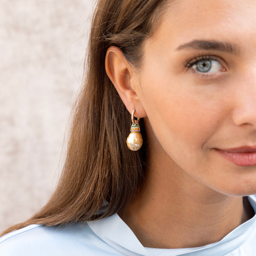 Katerina Psoma Beige Pearl Hoops with colorful crystals