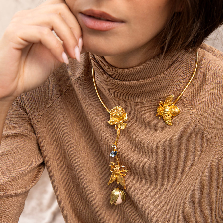 Katerina psoma Collar Necklace gold plated metal with flowers and insects