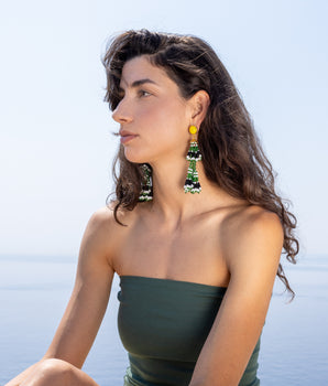 Katerina Psoma Pair of beaded earrings with yellow tops, green, black, and white beads 