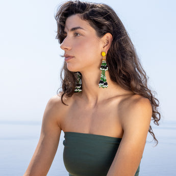 Katerina Psoma Pair of beaded earrings with yellow tops, green, black, and white beads 