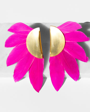 Katerina Psoma Artemis Fuchsia Feather and Gold Plated Metal Clip Earrings