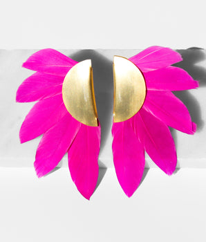 Katerina Psoma Artemis Fuchsia Feather and Gold Plated Metal Clip Earrings