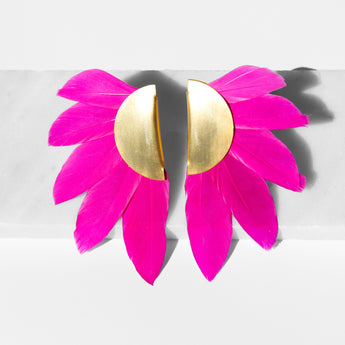 Katerina Psoma Artemis Fuchsia Feather and Gold Plated Metal Clip Earrings