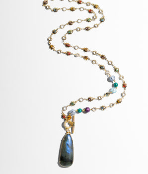 Katerina Psoma Necklace with multicolored beads and a large pendant of labradorite