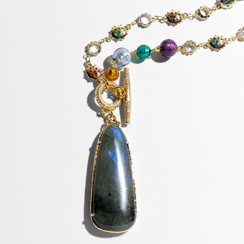 Katerina Psoma Necklace with multicolored beads and a large pendant of labradorite