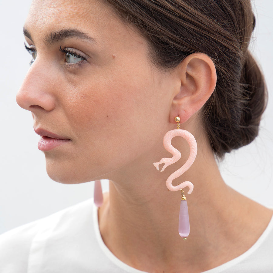 Katerina Psoma pink snake Resin earrings with pink drops
