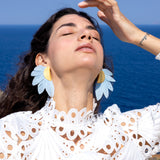 Katerina Psoma gold plated metal clip earrings with light blue feathers