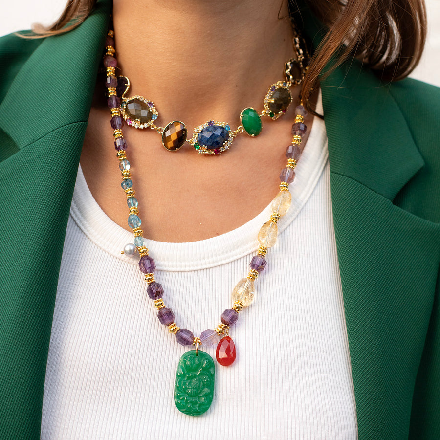 Ellora Long Necklace with Carved Jade