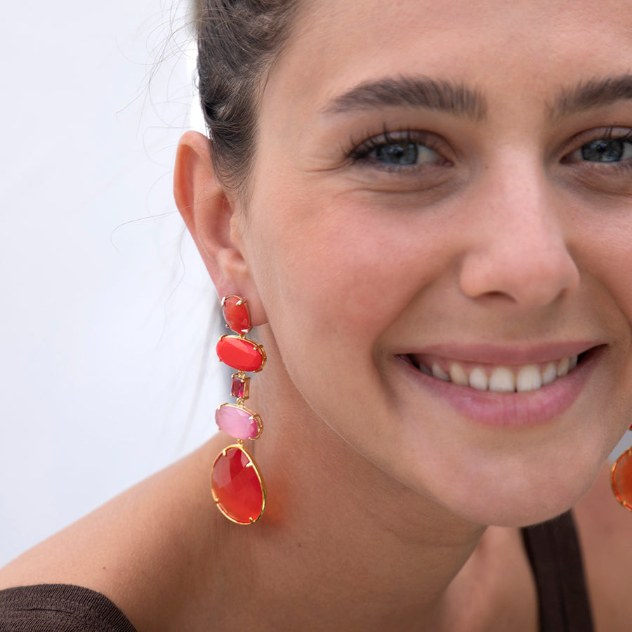 Katerina Psoma Red Dangle Earrings gold plated faceted slabs and crystals