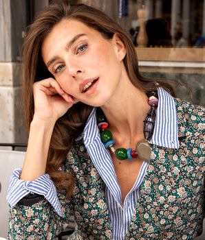 Katerina Psoma Colorful beaded short necklace with various shapes and sizes grey green