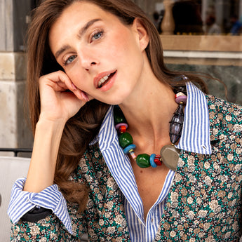 Katerina Psoma Colorful beaded short necklace with various shapes and sizes grey green