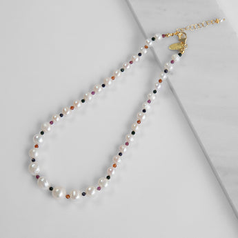 Katerina Psoma Margherite Short Pearl Necklace with multicolor stones