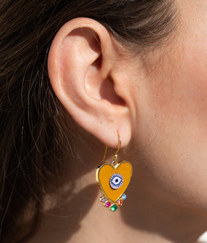 Dark Yellow Evil Eye Heart Earrings