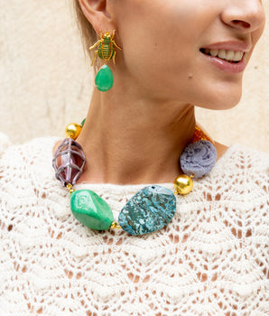Katerina Psoma short necklace made of Murano glass, jasper, agate and carved resin. 