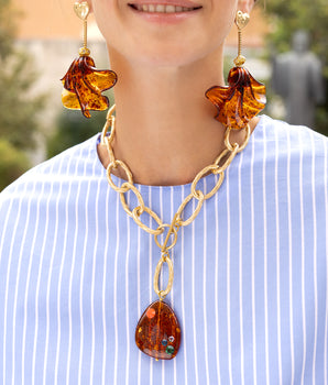 Katerina Psoma Gold chain necklace with an amber pendant 
