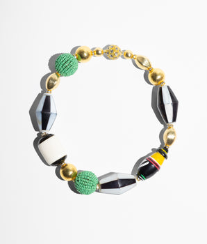 Katerina Psoma necklaca with goldplated beads, black and white and green beads