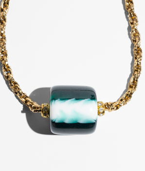 Katerina Psoma Short necklace with gold chain and a central green and white marbled bead 