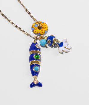 katerina Psoma long chain pendant with blue enamel fish