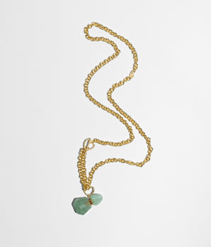 Katerina Psoma chain necklace with green agate bottle worn short or long