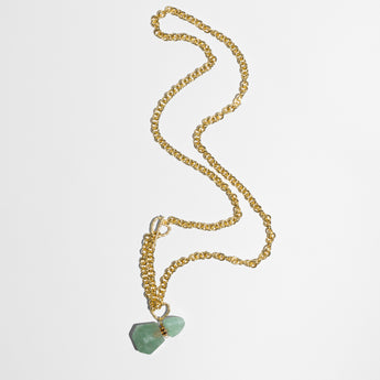 Katerina Psoma chain necklace with green agate bottle worn short or long