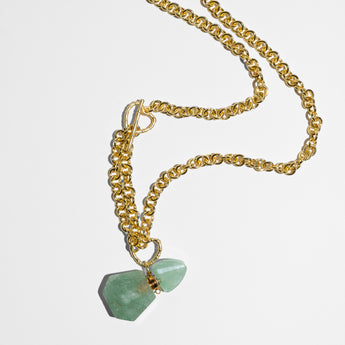 Katerina Psoma chain necklace with green agate bottle worn short or long