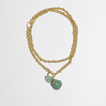 Katerina Psoma chain necklace with green agate bottle worn short or long